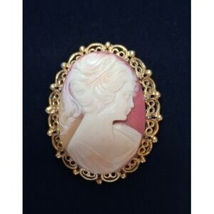Vintage Cameo Brooch Gold Tone Filigree Pink Terracotta Victorian Style Pin